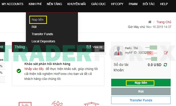 Nhấn chọn vào mục Nạp Tiền