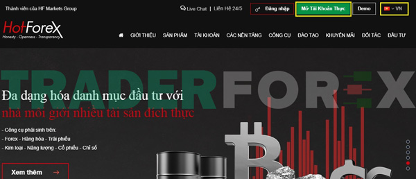 Trang chủ HotForex có giao diện như trên